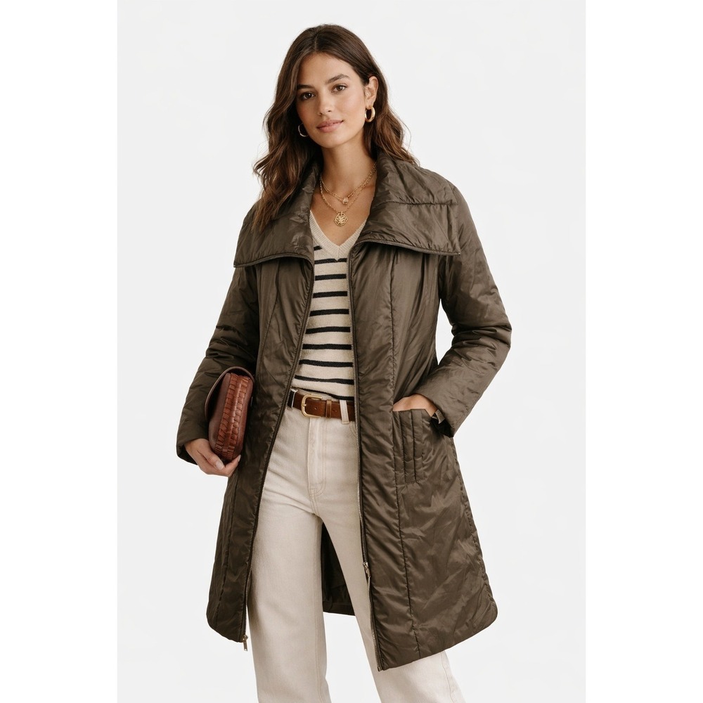 Vince Women Olive Bronze Oversized Shawl Collar Packable Long Puffer Coat M